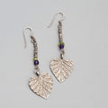 Vintage Pierced Earrings Silver tone Engraved Leaf Bead Dangle 1.75"