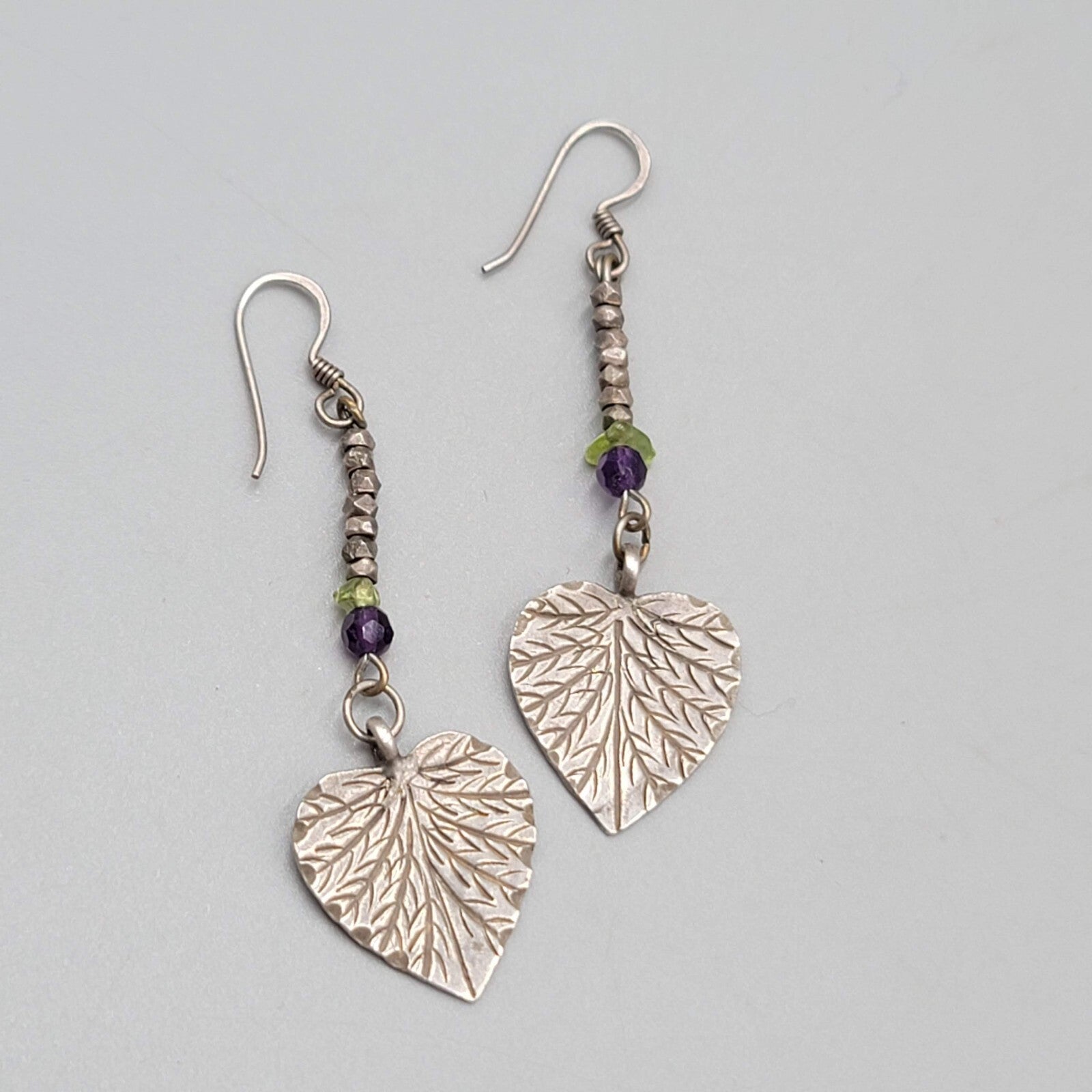 Vintage Pierced Earrings Silver tone Engraved Leaf Bead Dangle 1.75"