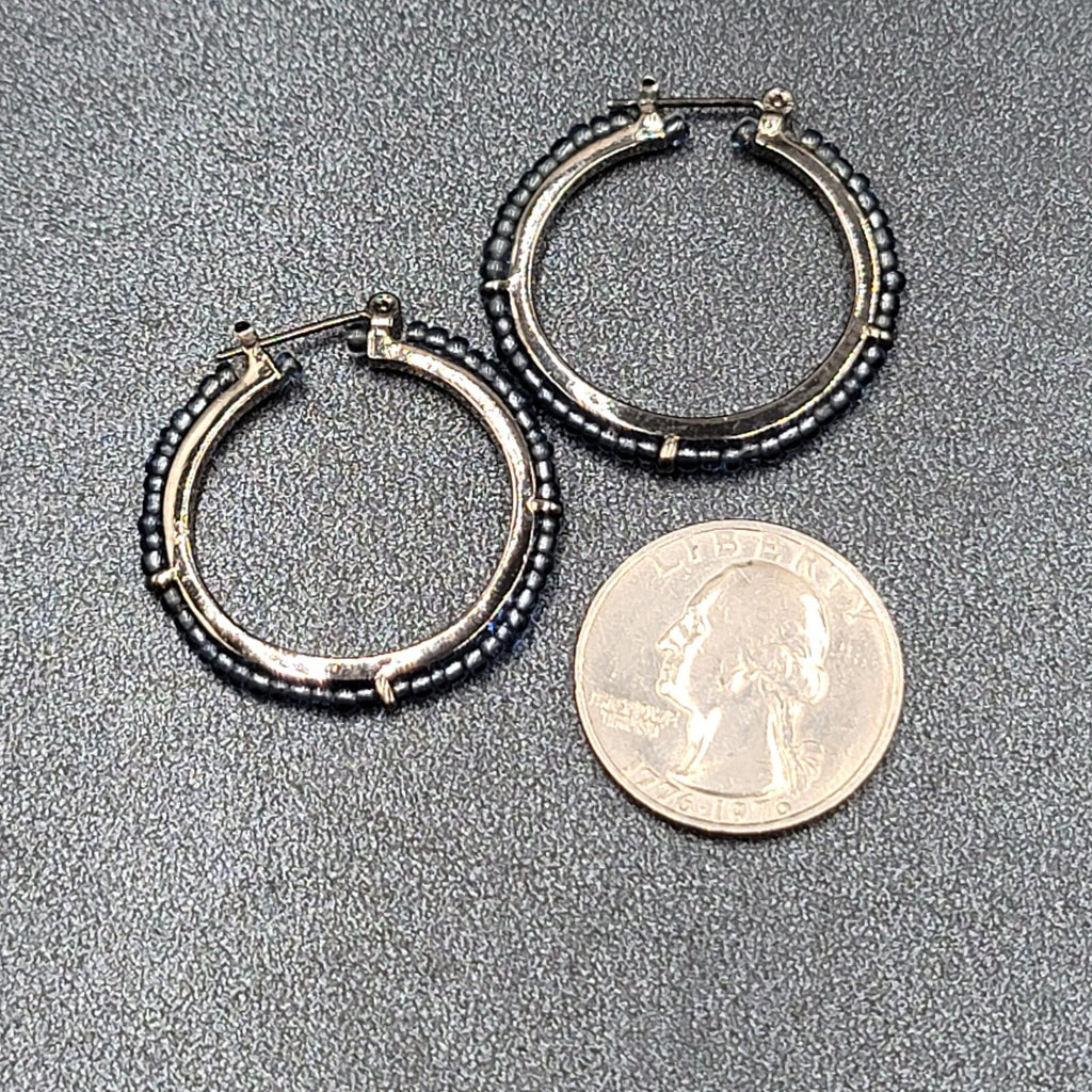 Pierced Earrings Black Metal Blue Seed Bead Hoops 1"