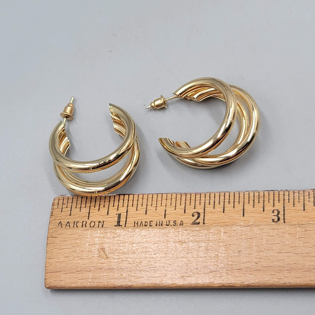 Triple Hoops Pierced Earrings Gold tone Drop 1 1/8 in