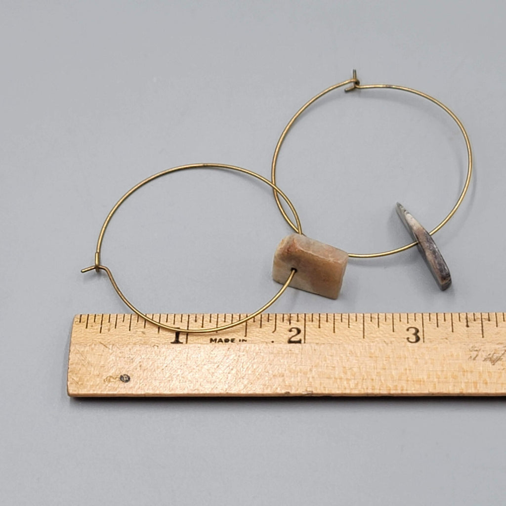Asymmetrical Stone Hoop Pierced Earrings Gold tone Hoops 2"