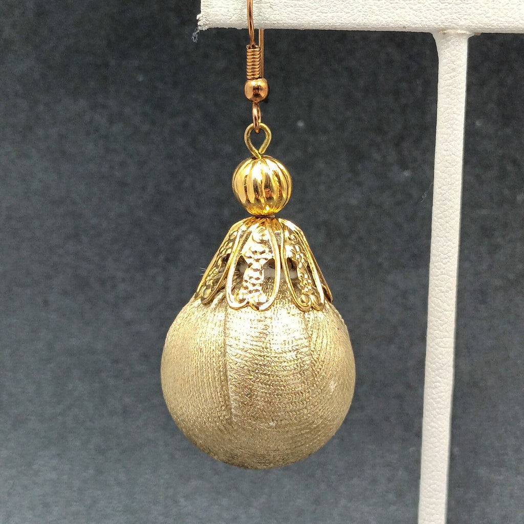 Pierced Earrings Gold tone Christmas Ornament Fabric Wrapped Ball Dangle 1 3/4"