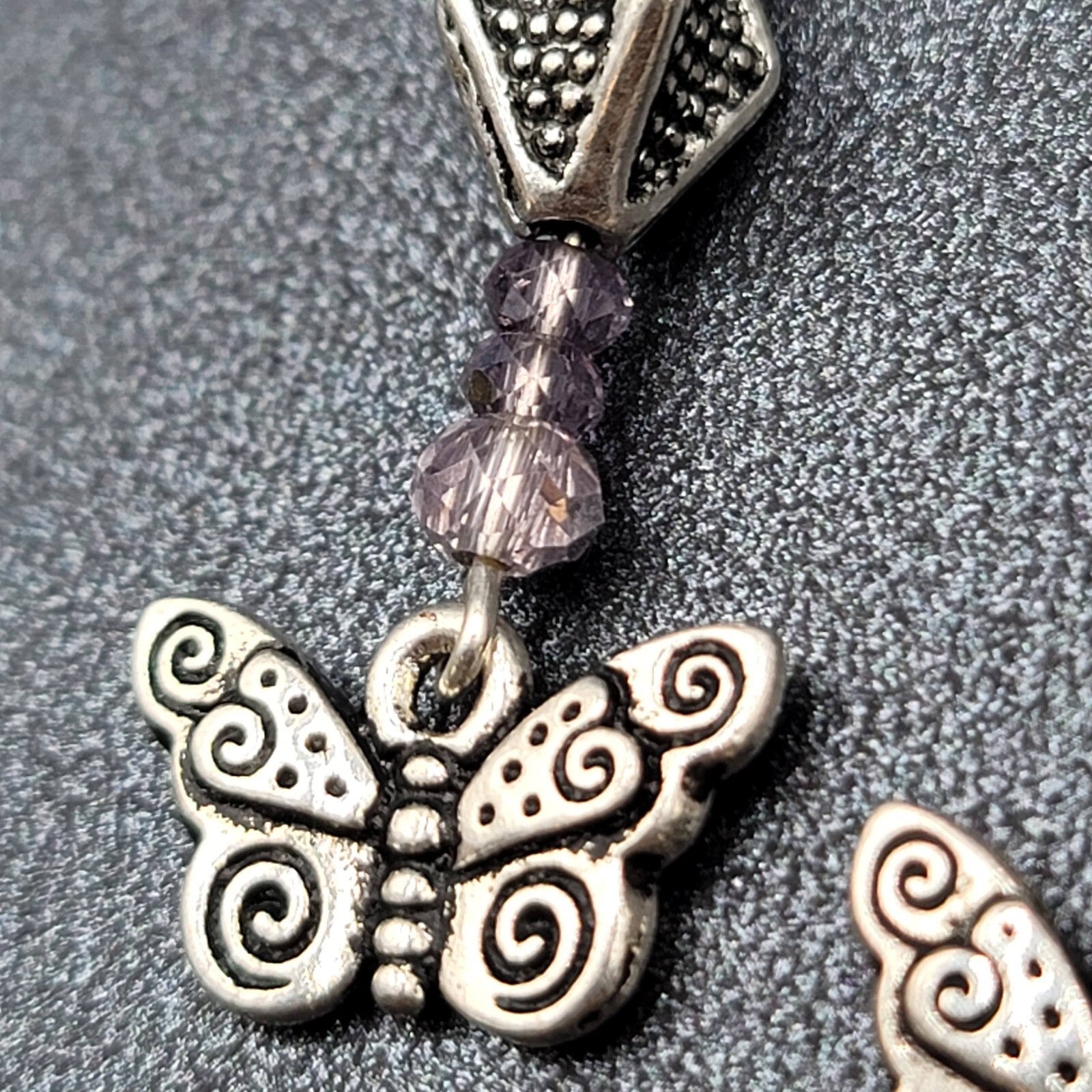 Butterfly Pierced Earrings Silver tone Purple Crystal Bead Dangle 1.25"