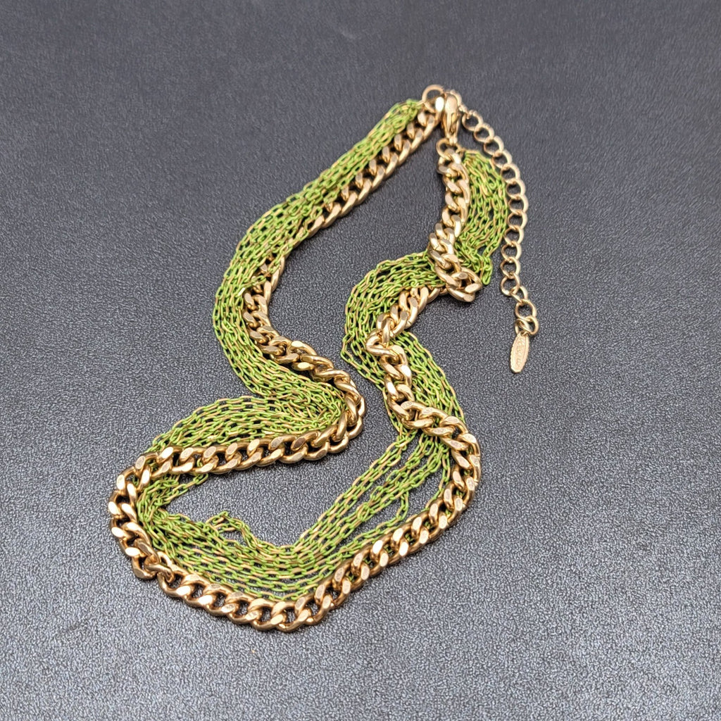 VCLM Multi Chain Necklace Gold tone Green Enamel 16-19 in