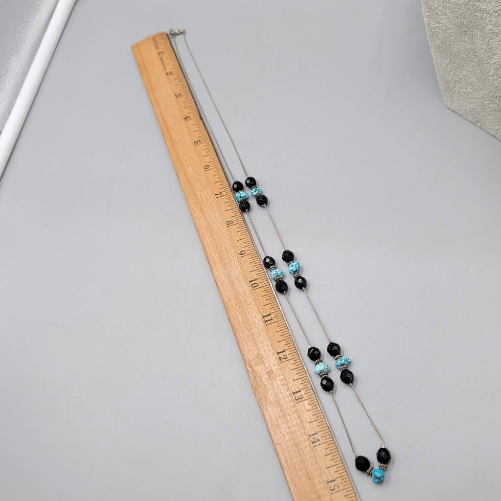 Black Bead Blue Stone Long Station Necklace Silver tone 30 in