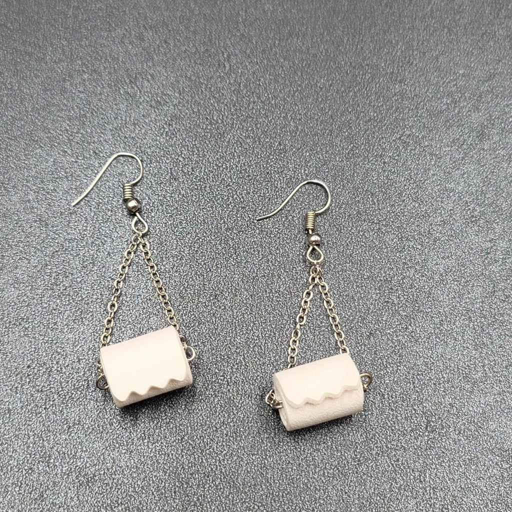 Toilet Paper Roll Pierced Earrings Silver tone Dangle Chains 1.5"