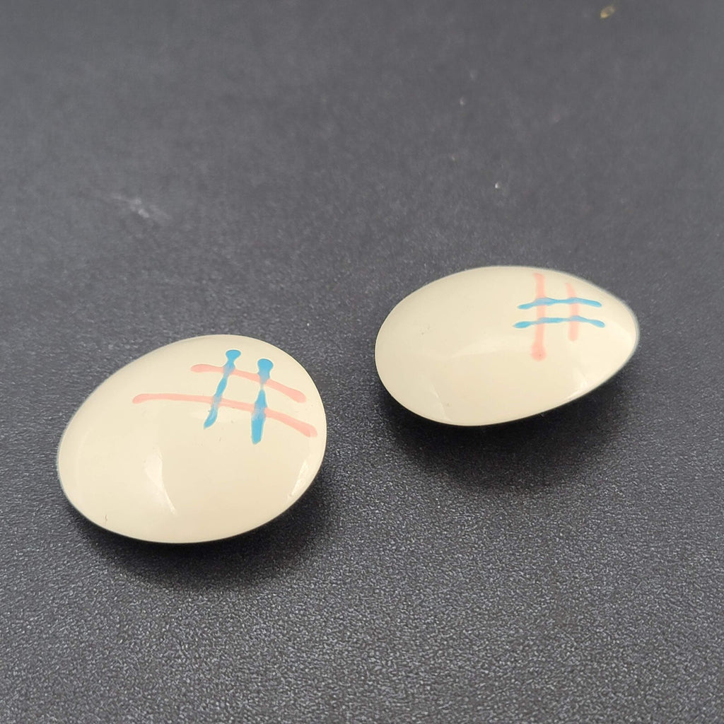 Vintage 1980s Pierced Earrings White Pink Blue Enamel over Metal 1.5"