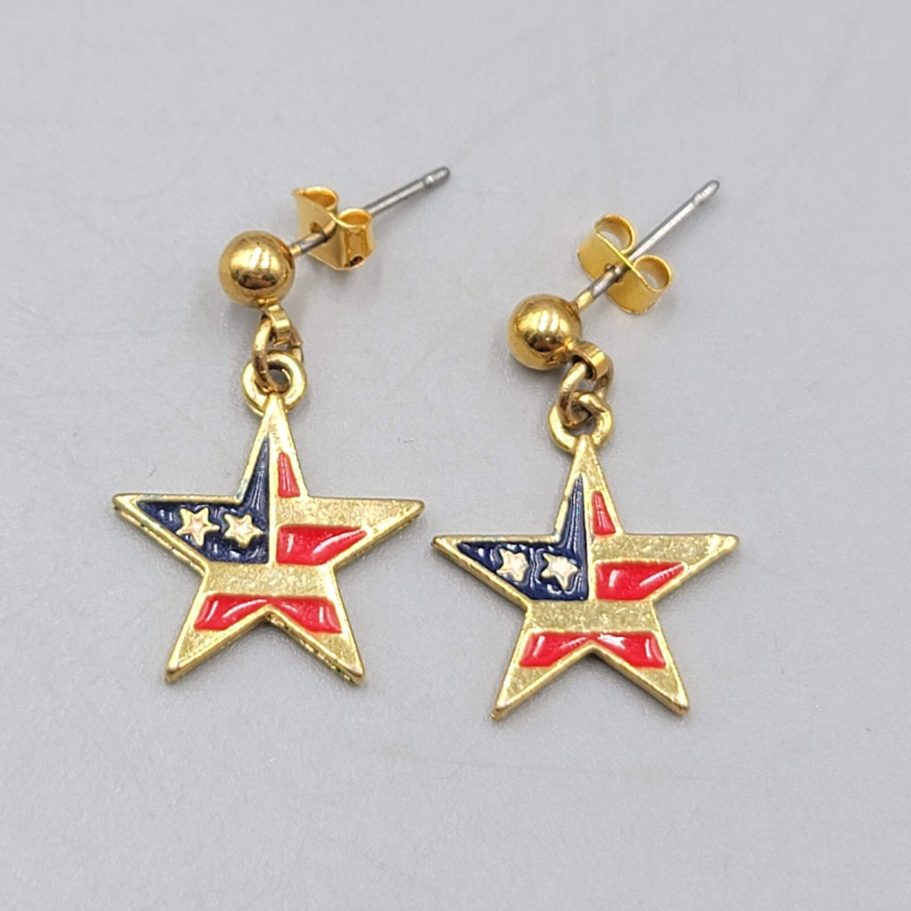 Vintage Patriotic USA Flag Star Pierced Earrings Gold tone Dangle  3/4"