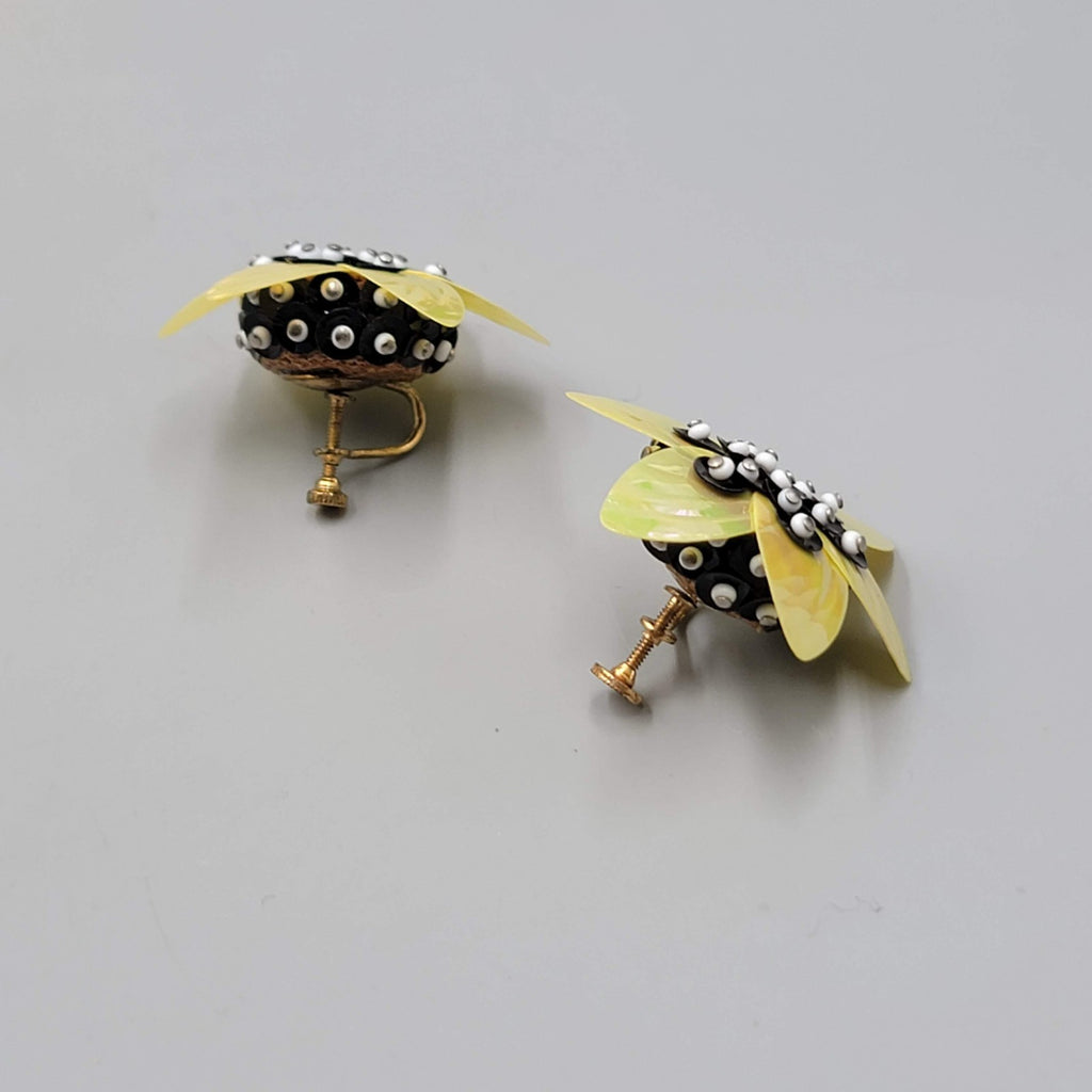 Vintage Yellow Black Flower Clip on Earrings Large Statement Drop 1.75"