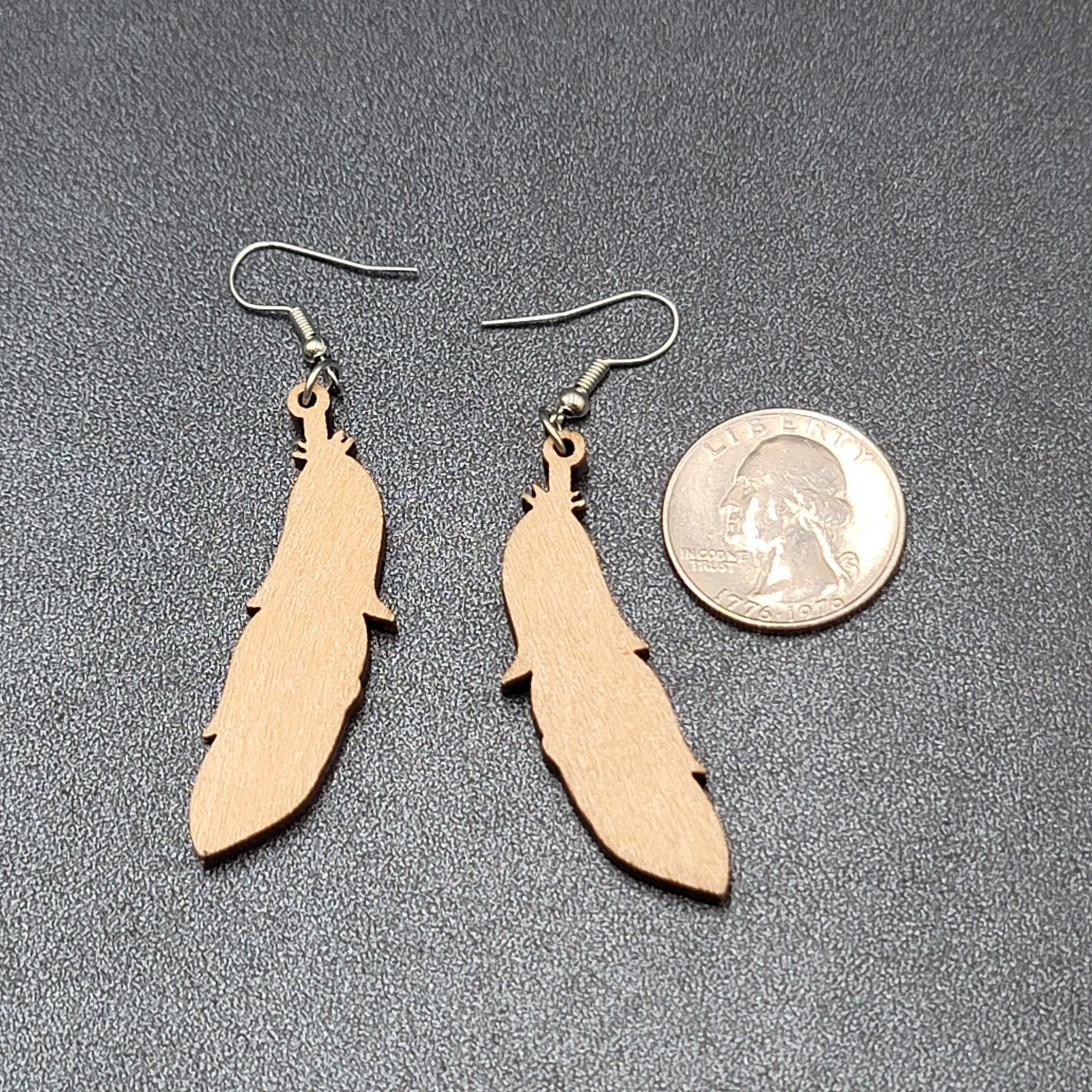New Boho Pierced Earrings Wood Cut Feather Multicolor Dangle 2"