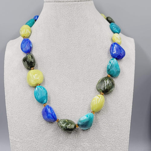Chunky Bead Necklace Blue Green Acrylic Fun Funky 20"-22"