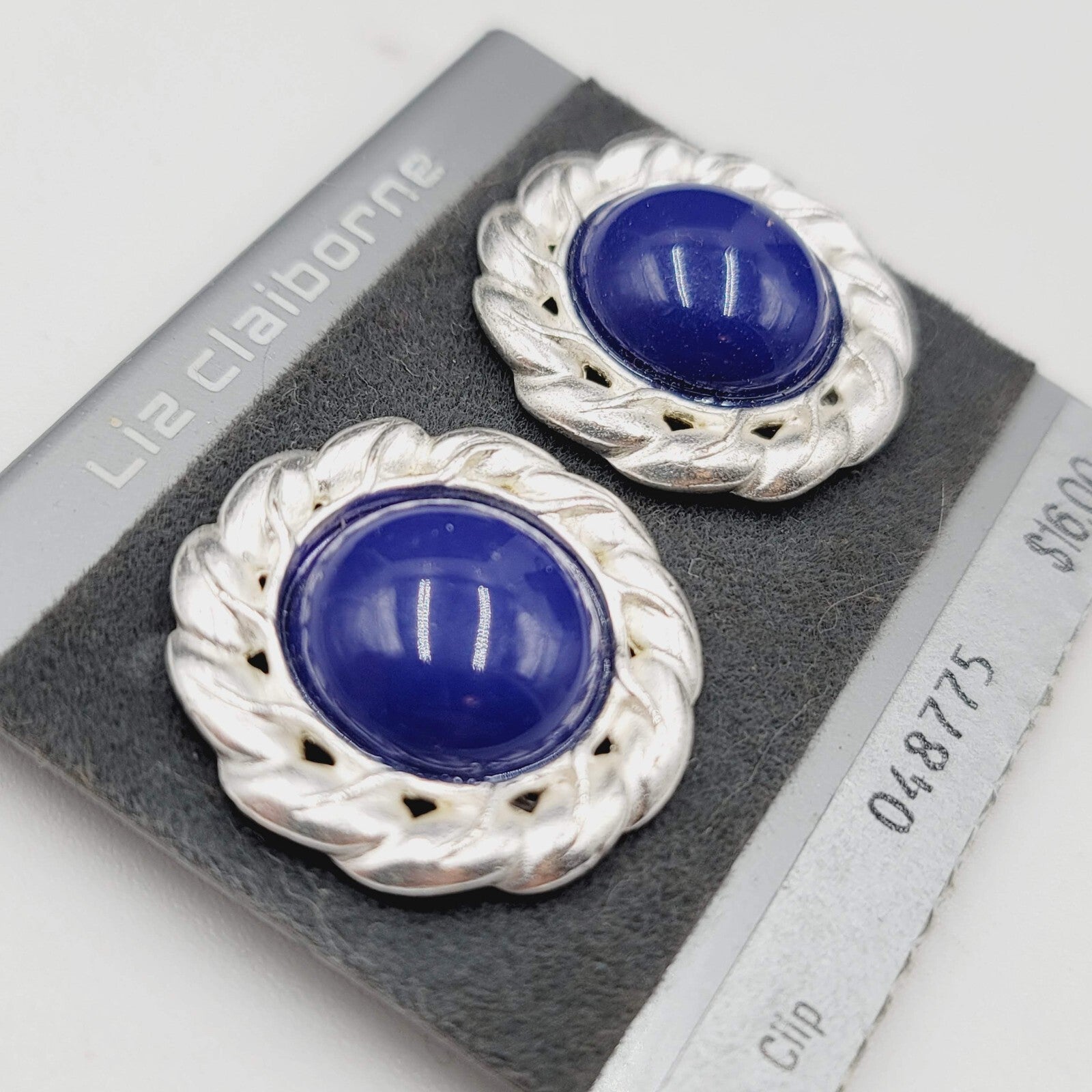 Vintage Liz Claiborne Clip on Earrings Silver tone Blue NOS 1 1/8"