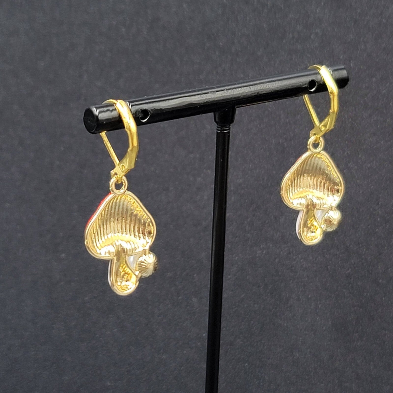 Mushroom Pierced Earrings Faux Pearl Enamel Red White Polka Dot Dangle 3/4"