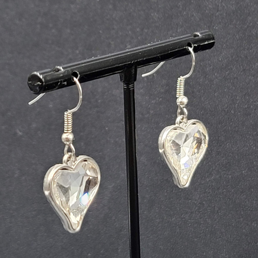 Heart Pierced Earrings Silver tone Faceted Glass Dangle 3/4"