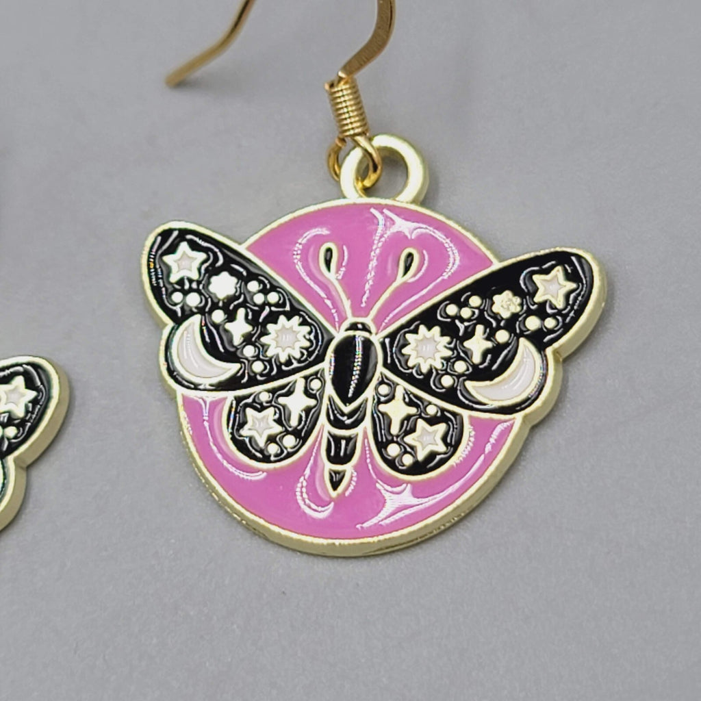 Black Moth Hot Pink Enamel Pierced Earrings Gold tone Dangle Butterfly 7/8"