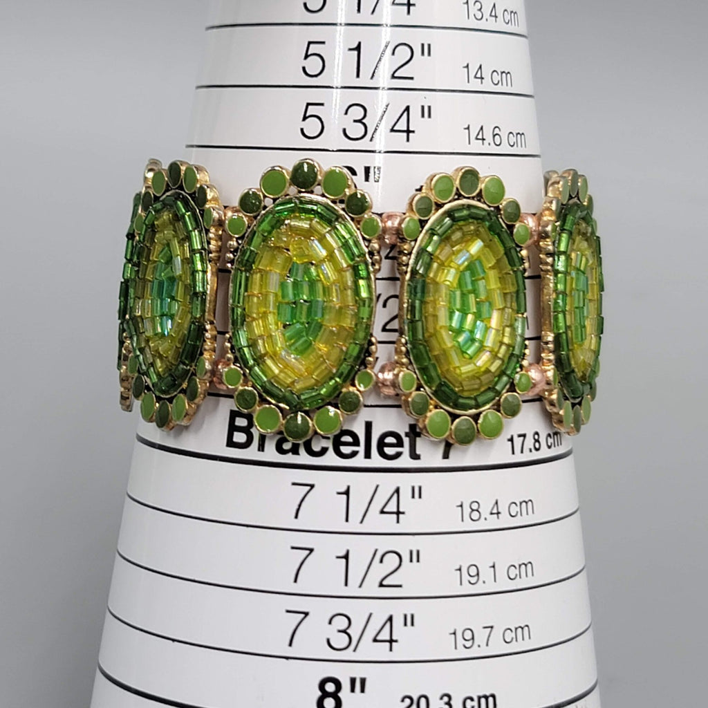 Green Seed Bead Panel Elastic Bracelet Gold tone 6"