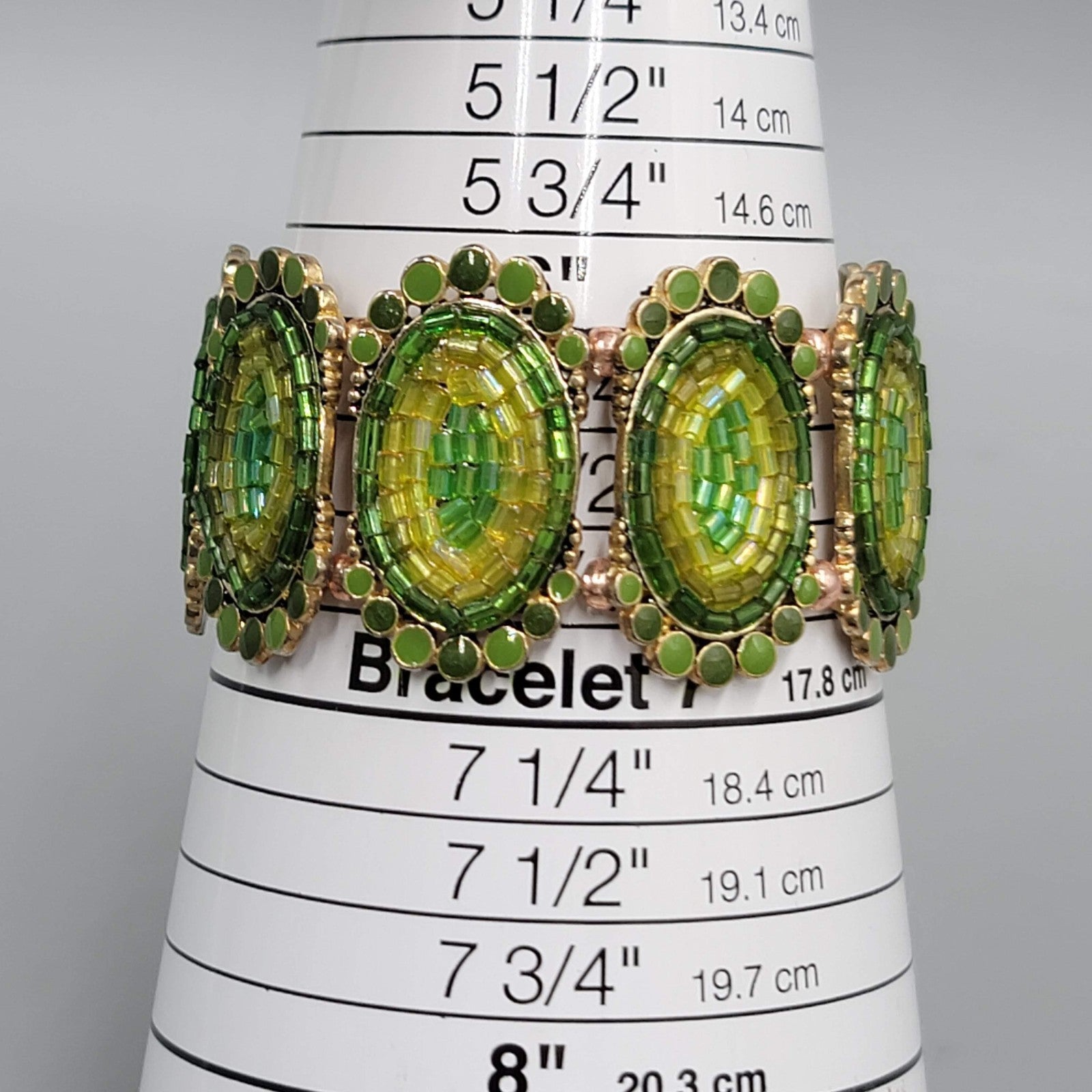 Green Seed Bead Panel Elastic Bracelet Gold tone 6"