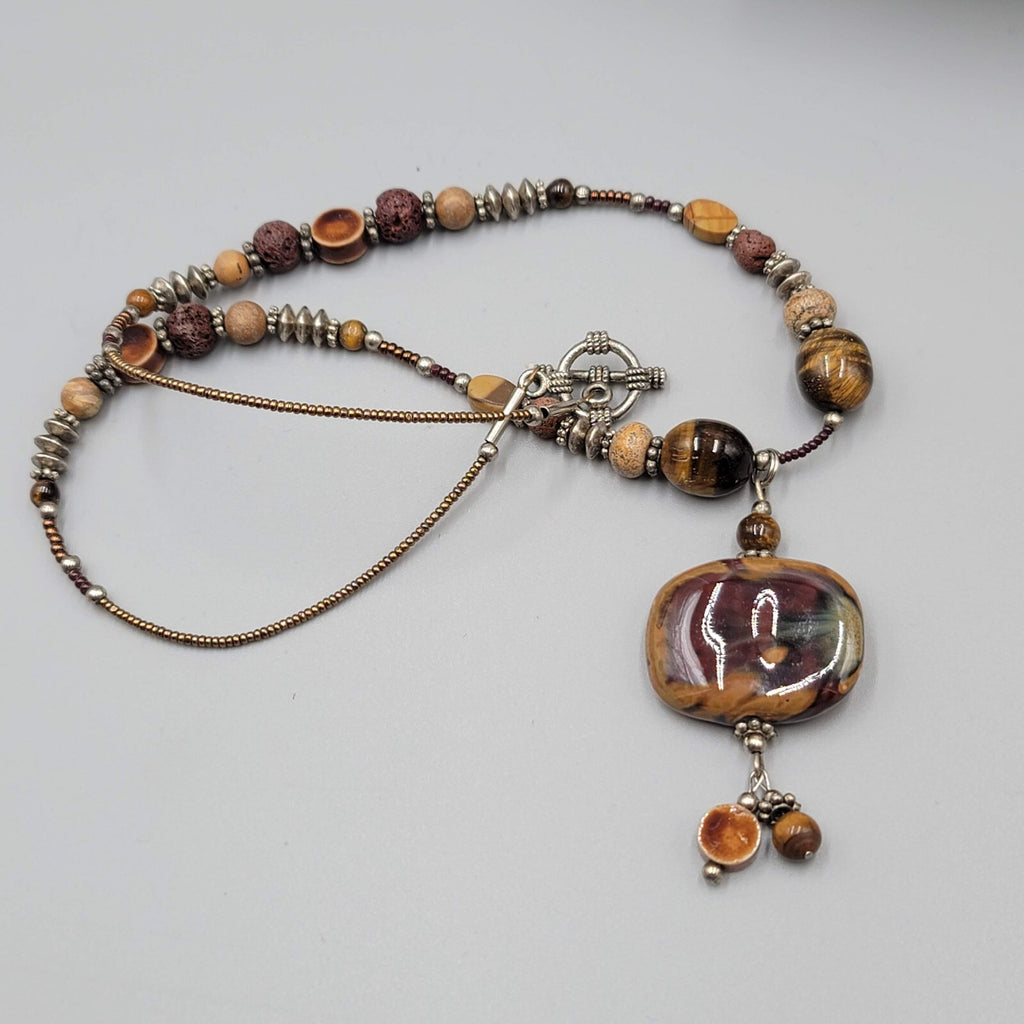 Boho Brown Pottery and Glass Bead Necklace Silver tone 20"