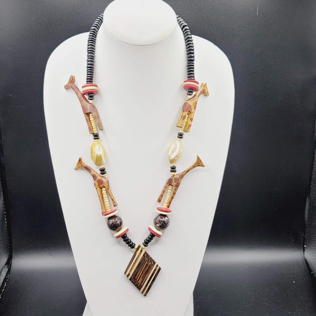 Safari African Giraffe Carved Wood Beaded Necklace Vintage 28"