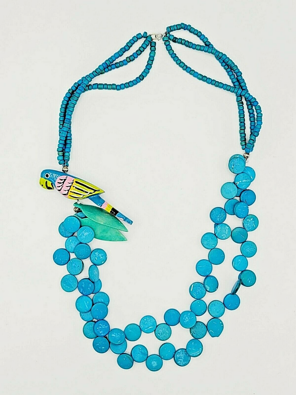 Vintage Blue Parrot Bird Coconut Bead Necklace 27 in Estate Costume Jewelry
