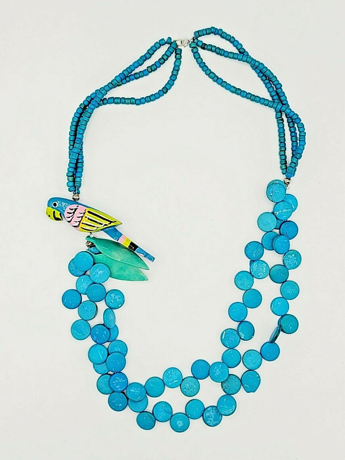 Vintage Blue Parrot Bird Coconut Bead Necklace 27 in Estate Costume Jewelry