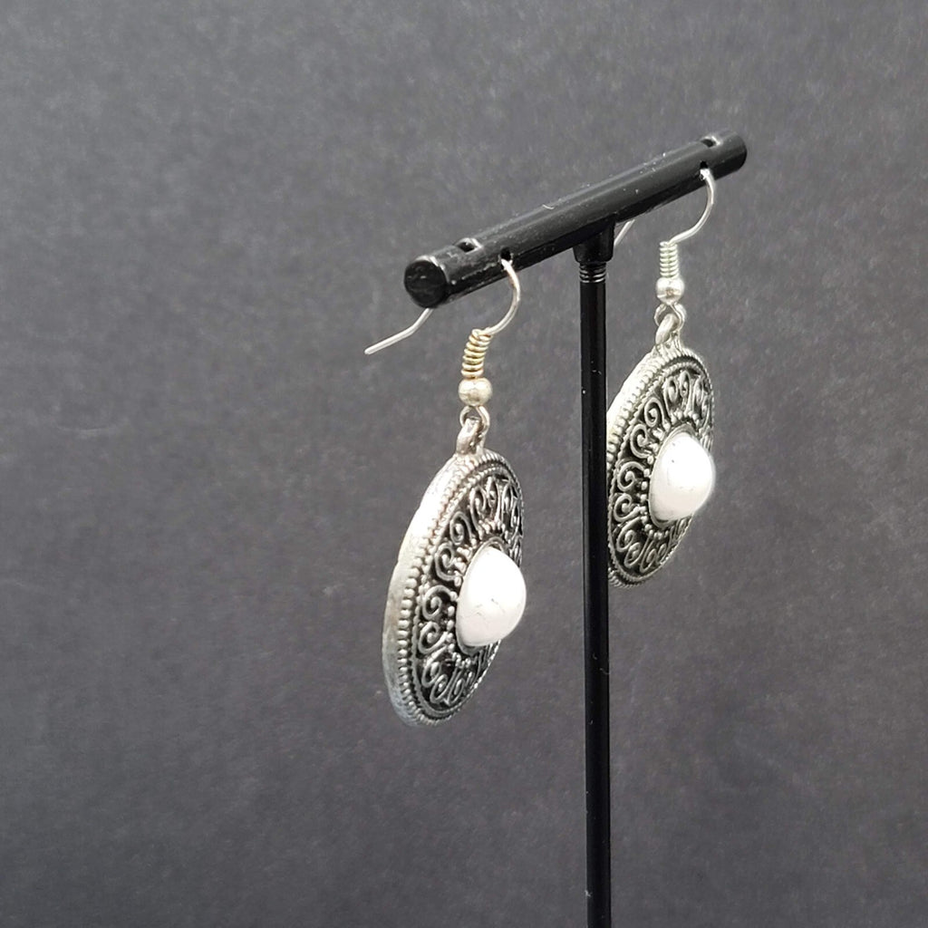 Pierced Earrings Silver tone Medallion Dangle White Center Accent  1"