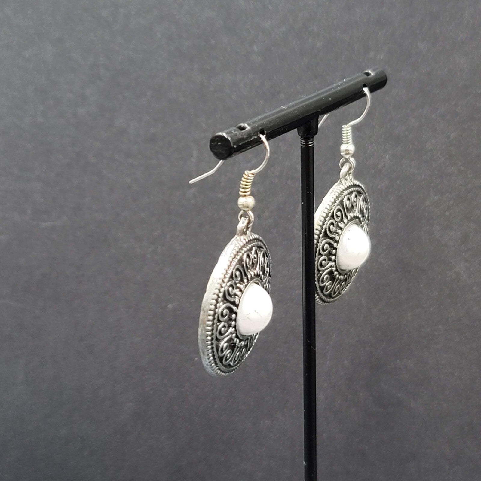 Pierced Earrings Silver tone Medallion Dangle White Center Accent  1"