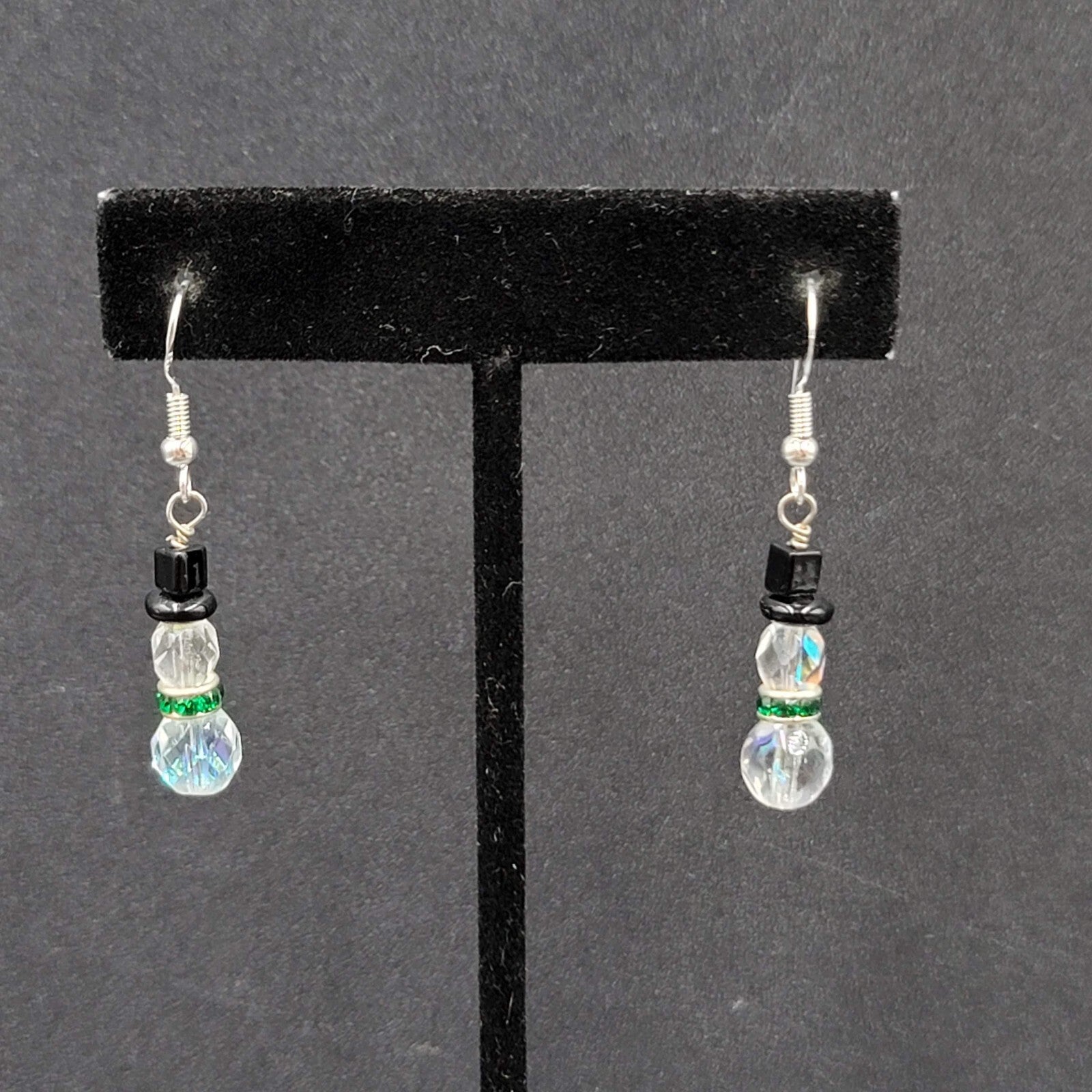 Sterling Silver Pierced Earrings Crystal Bead Snowman Dangle  1"