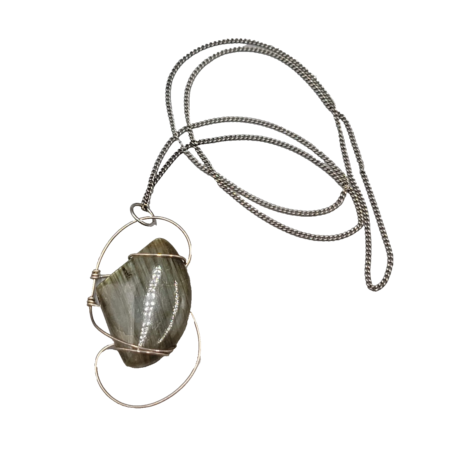 Labradorite Wire Wrapped Pendant Necklace Silver tone 24 in
