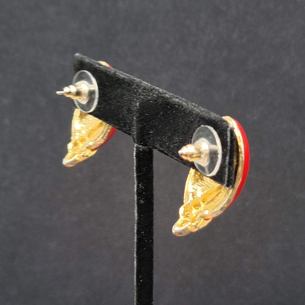 Vintage Pierced Earrings Gold tone Red Enamel Drop 1"