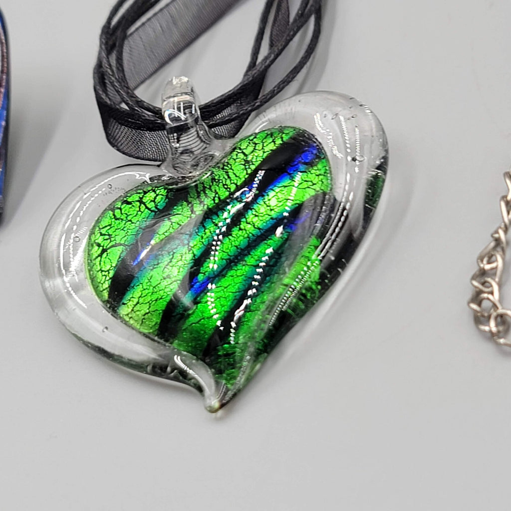 Lampwork Art Glass Heart Pendant Lot of 2 Necklace Black Ribbon Cord 18"+