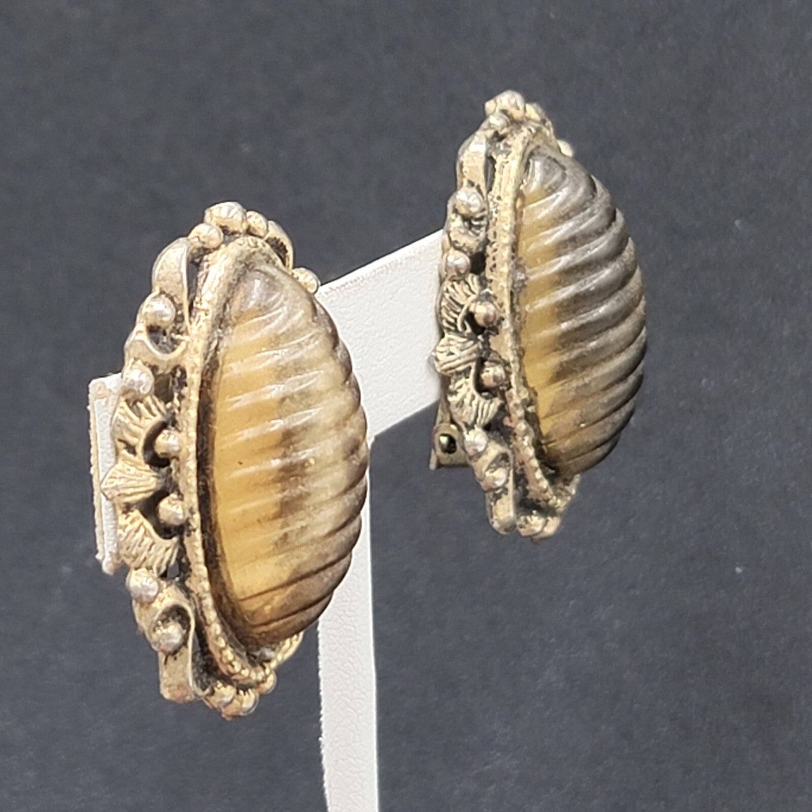 Vintage Clip on Earrings Gold tone Plastic Large Statement 1.5"