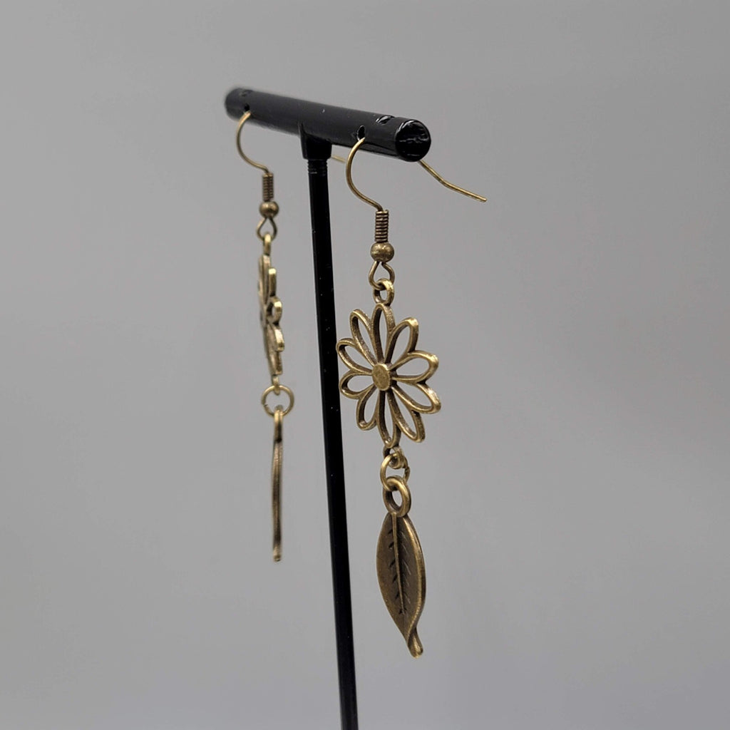 Flower Leaf Pierced Earrings Bronze tone Open Work Dangle NEW 2"