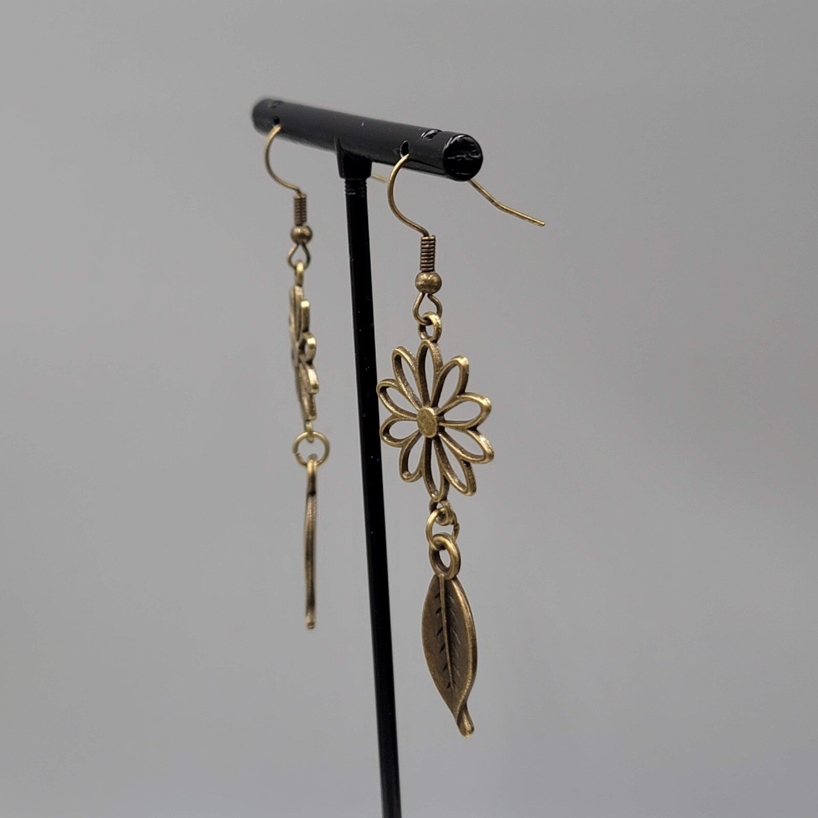 Flower Leaf Pierced Earrings Bronze tone Open Work Dangle NEW 2"