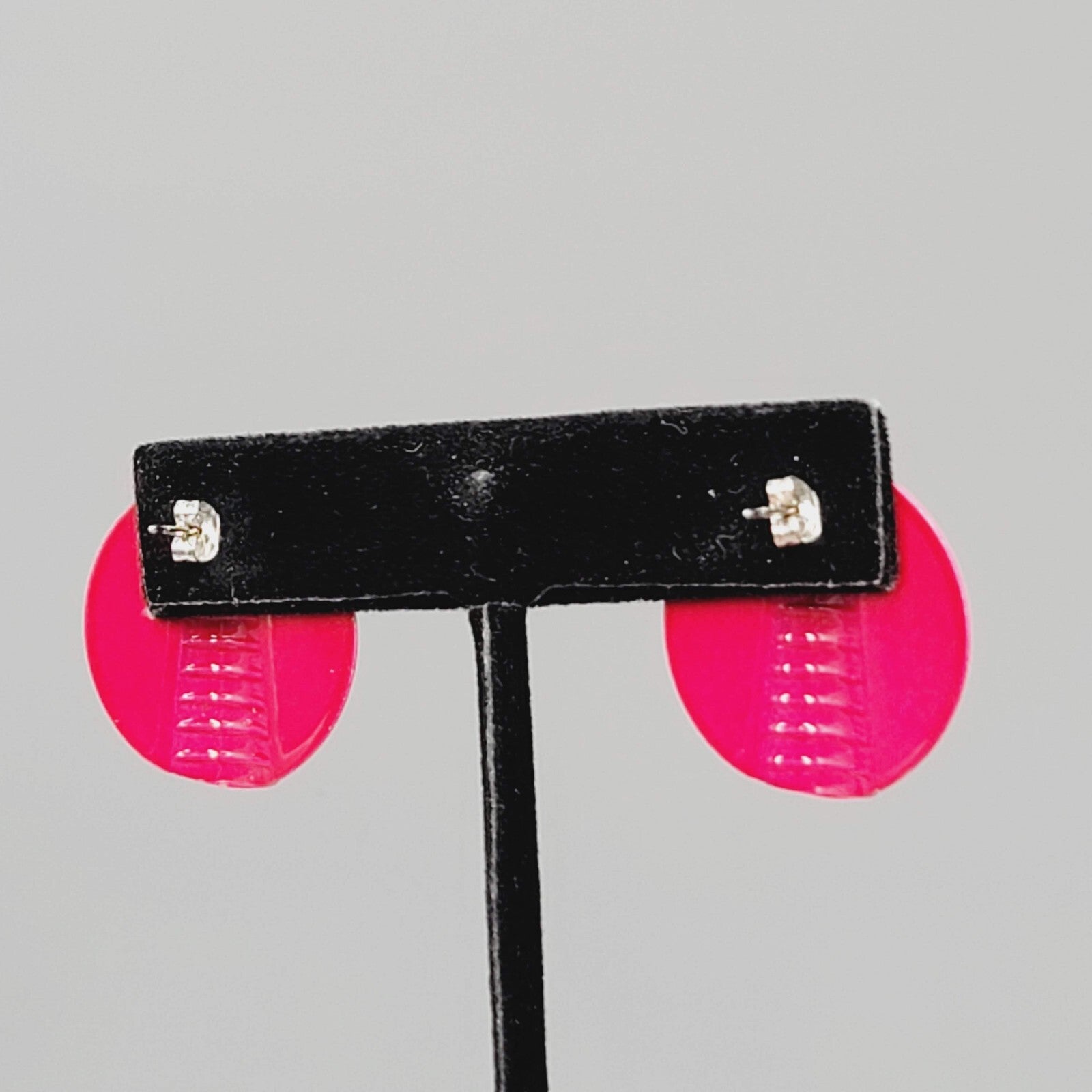 Vintage Hot Pink Enamel Pierced Earrings Embossed Round Drop 1"