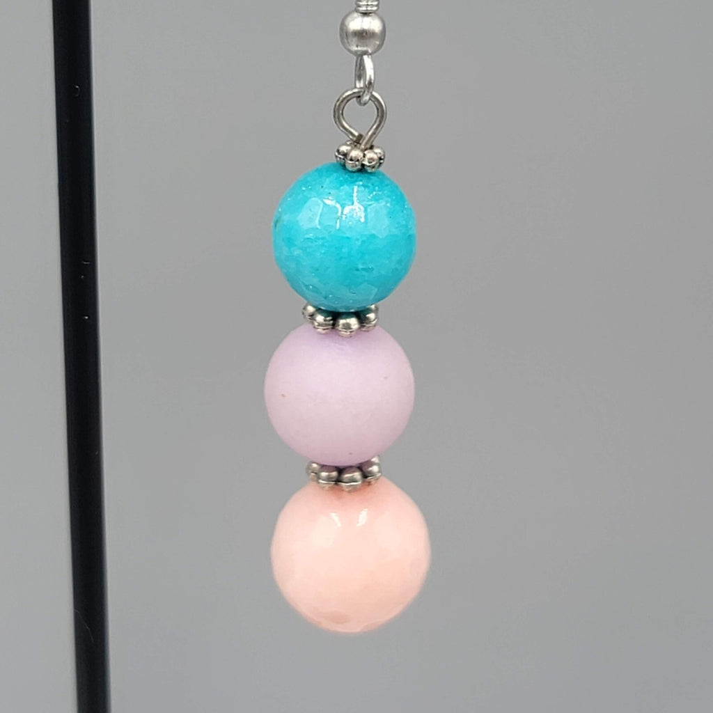 Pink Purple Blue Glass Bead Pierced Earrings Silver tone Dangle 1.5"