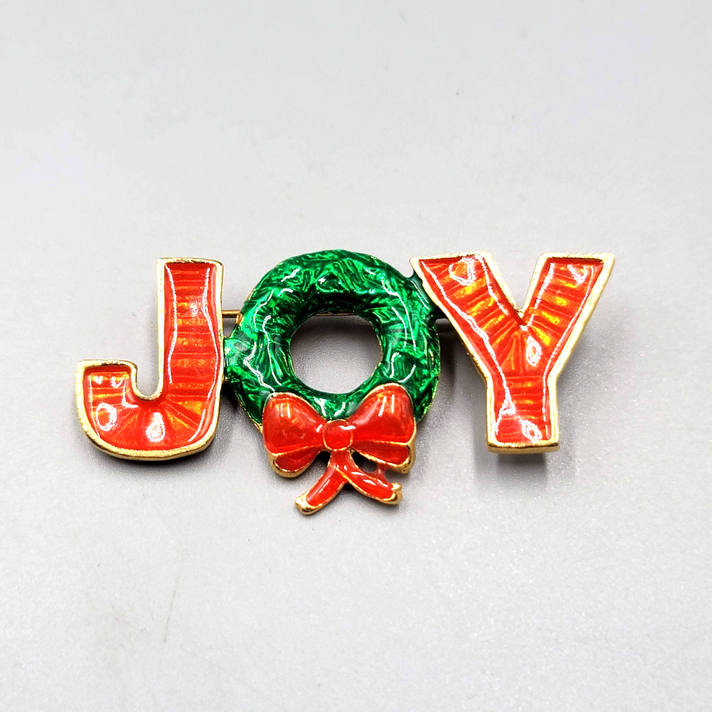 Vintage JOY Brooch Christmas Enamel Gold tone Wreath 2 1/8"