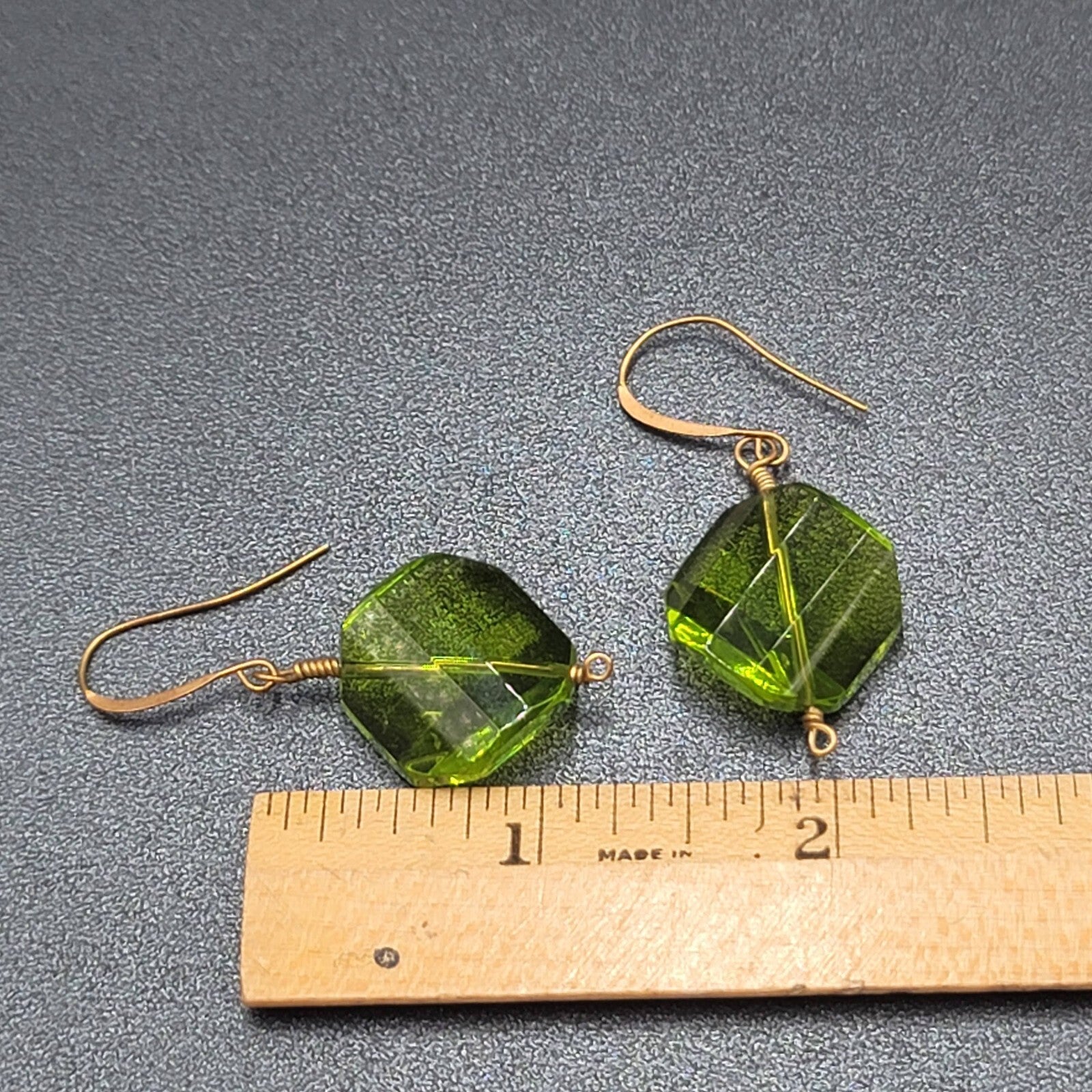 Pierced Earrings Copper tone Green Art Glass Faceted Bead 1.25"