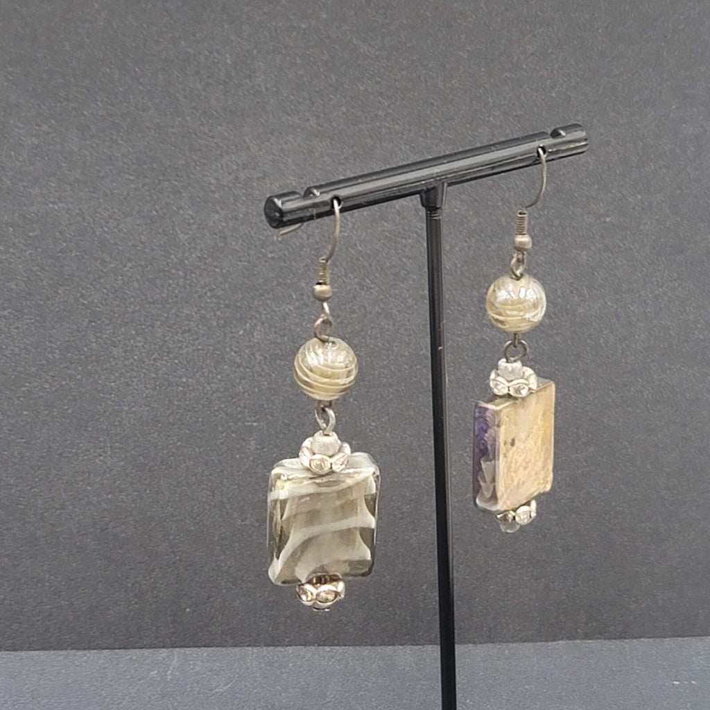Pierced Earrings Gray White Swirl Art Glass Bead 2"