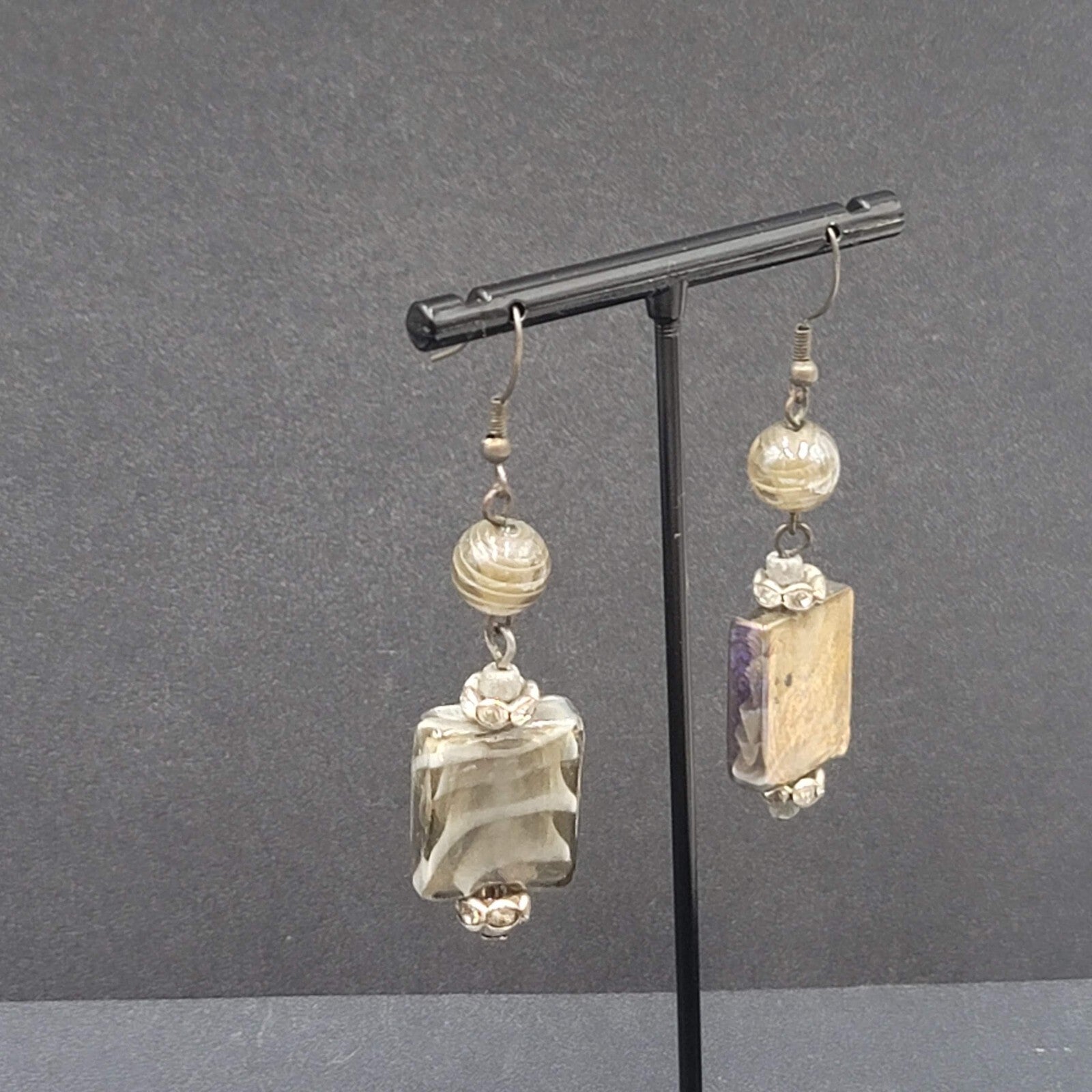 Pierced Earrings Gray White Swirl Art Glass Bead 2"