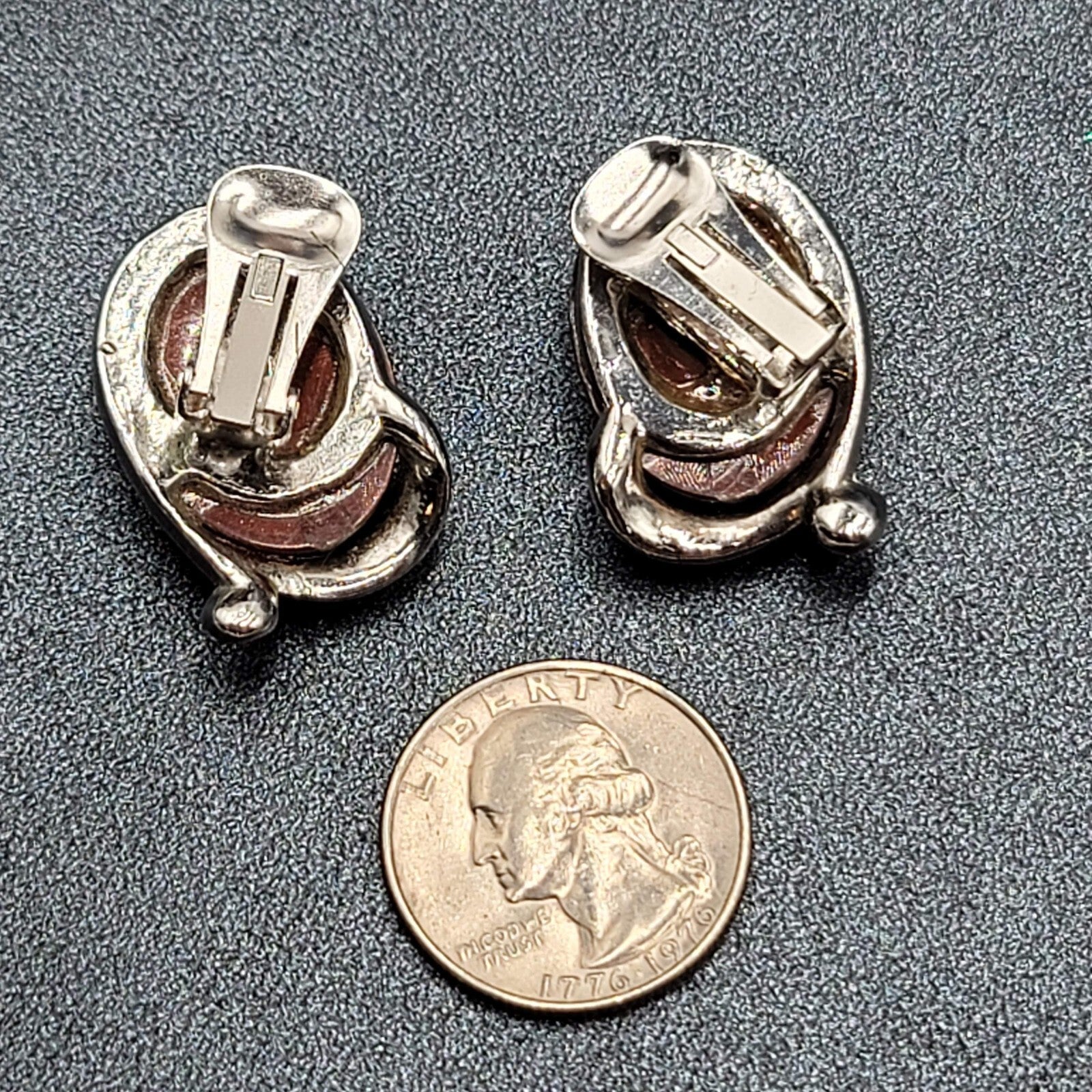 Vintage Clip on Earrings Silver tone Brown Oval Cabochon Acrylic Drop 1 1/8"