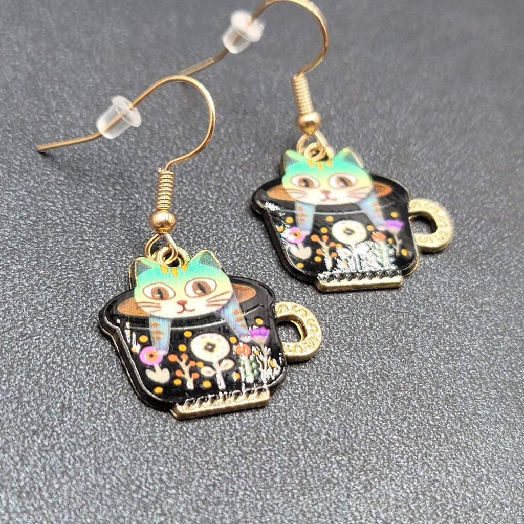 Pierced Earrings Gold tone Enamel Kitty Cat in Tea cup Dangle 3/4"