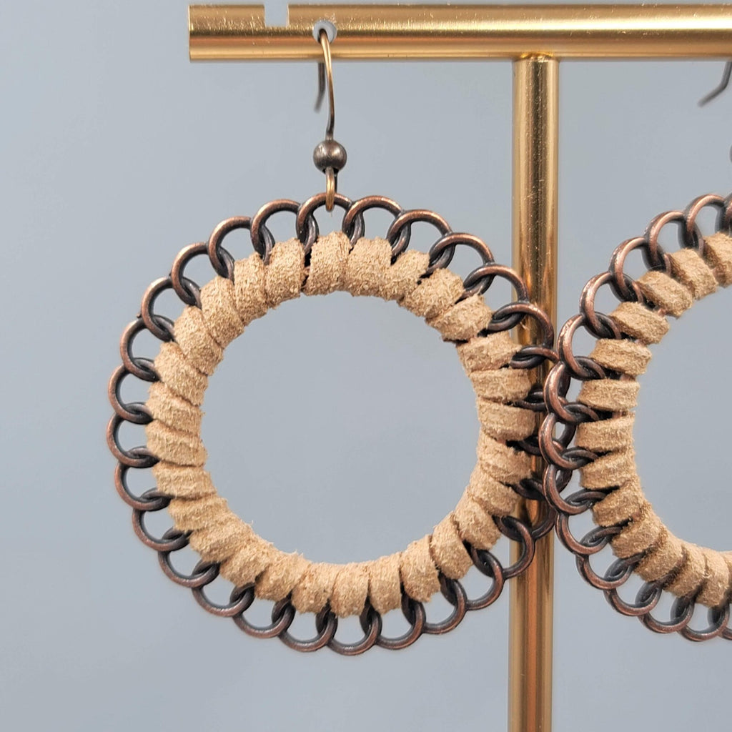 Pierced Earrings Bronze tone Dangle Faux Suede Leather Wrapped 1 5/8"