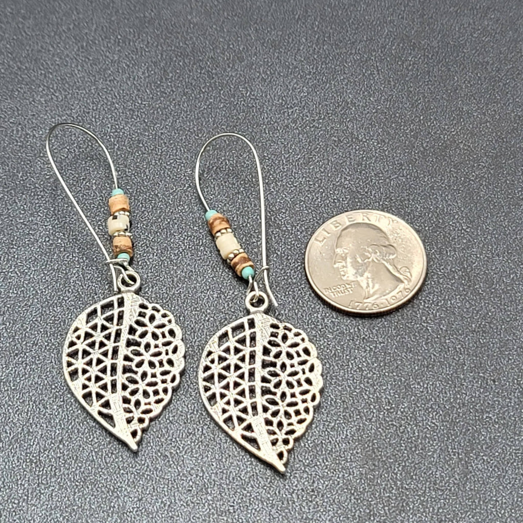 New Boho Pierced Earrings Open Work Leaf Beaded Long 3"