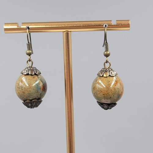 Ceramic Green Bead Pierced Earrings Bronze tone Dangle 1"