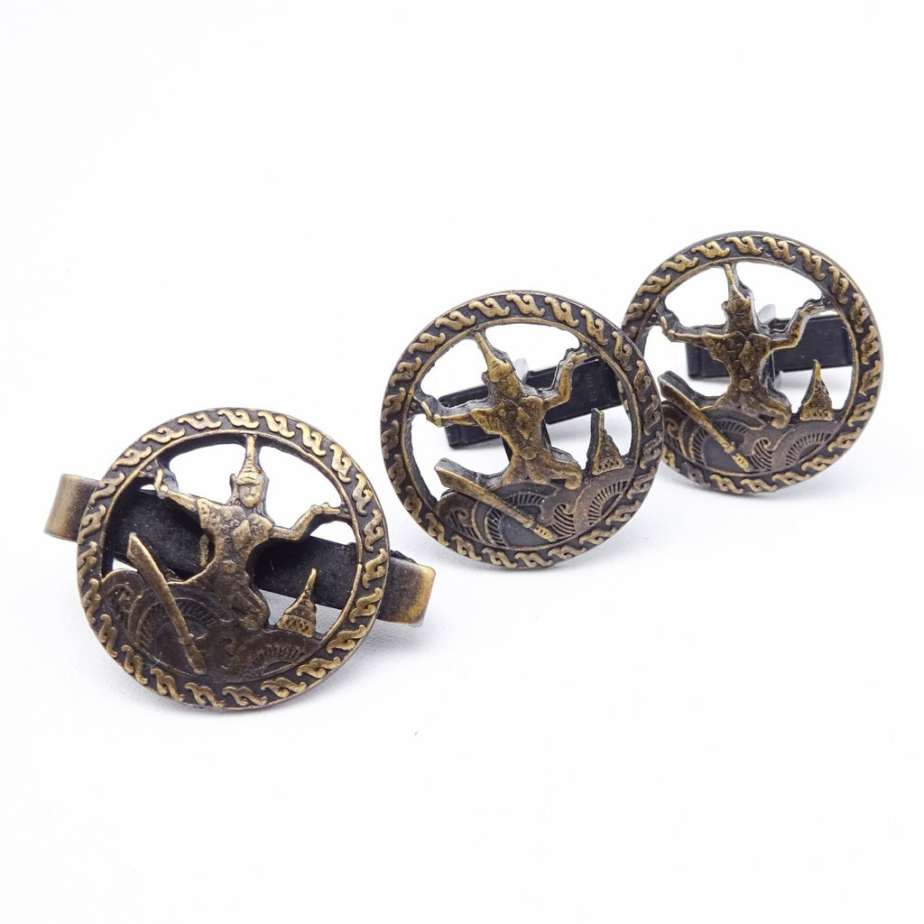 Vintage Cufflinks and Tie Clasp Set Bronze tone Siam Dancers Mens Estate Jewelry