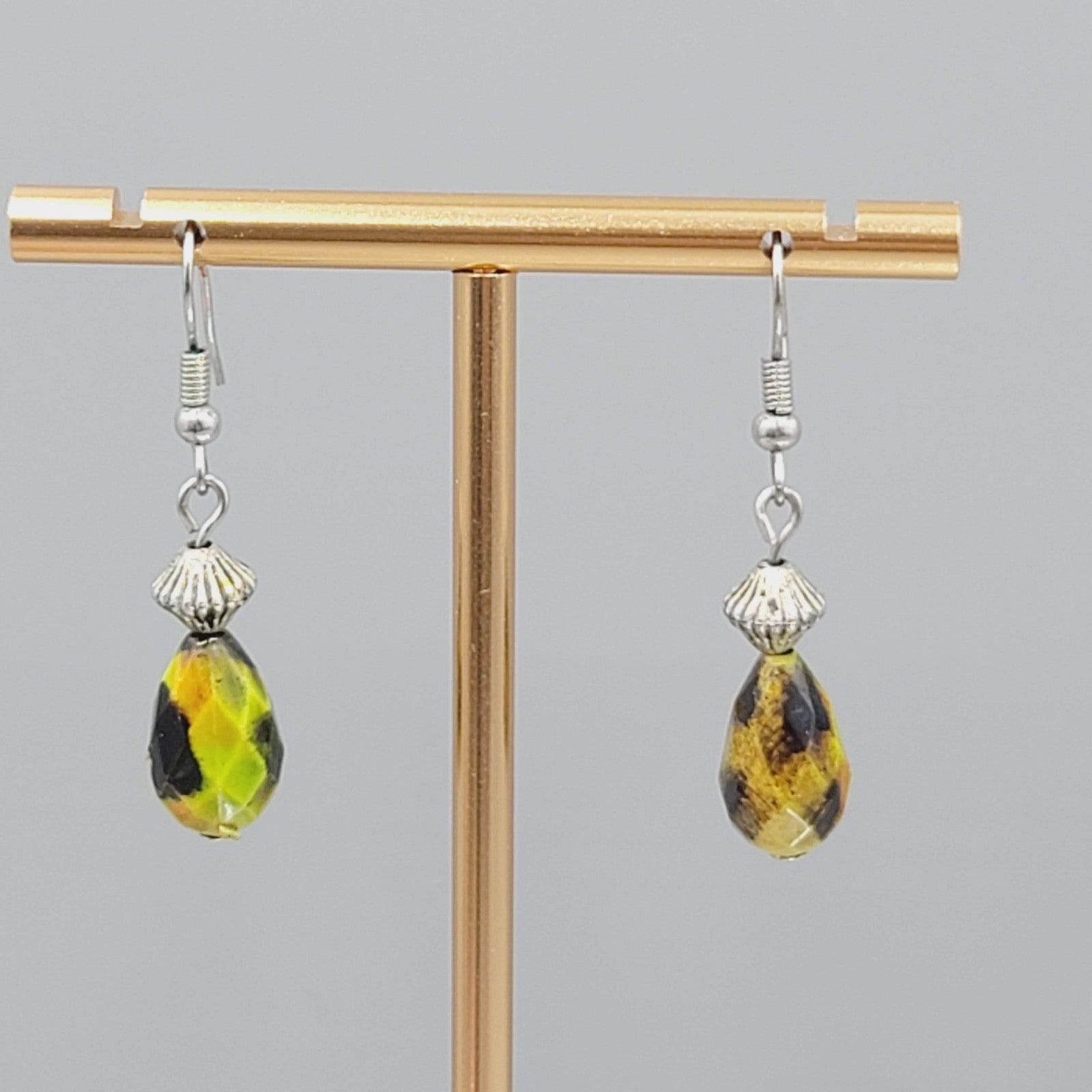 Green Orange Stone Pierced Earrings Faceted Teardrop Bead Silver tone Dangle 1"