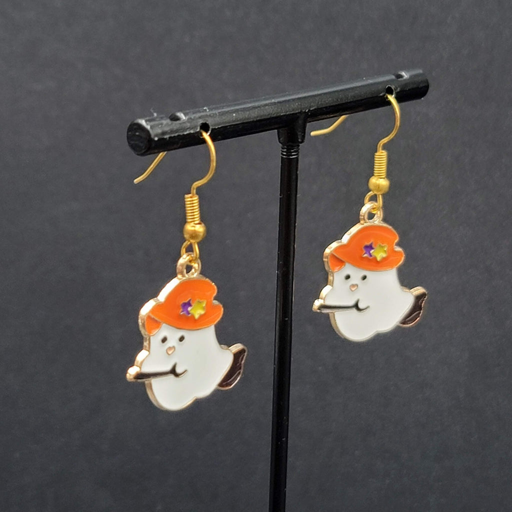 Halloween Witch Ghost Pierced Earrings Gold tone Enamel Dangle New 7/8"