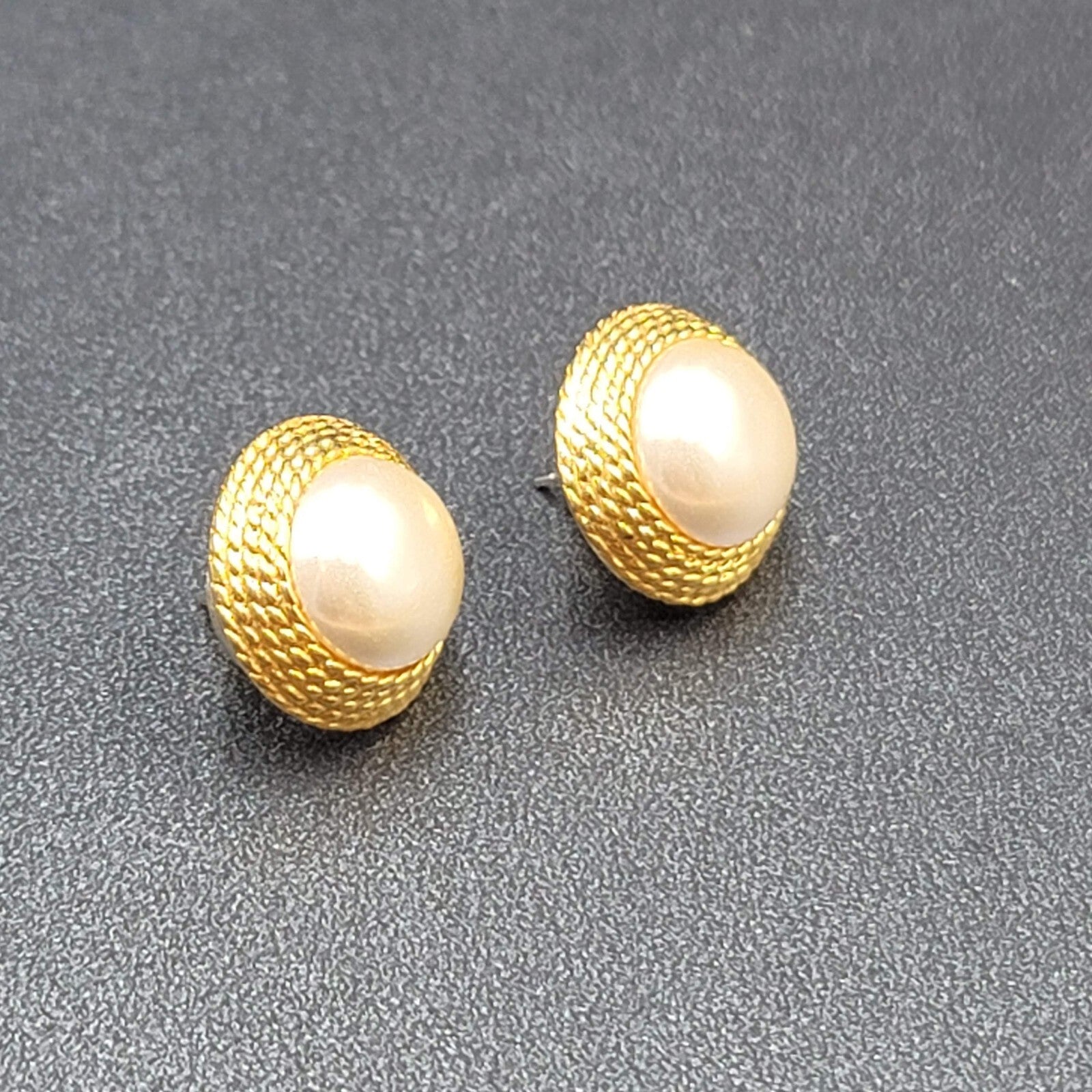 Vintage Pierced Earrings Gold Plated White Round Cabochon Studs 5/8"