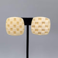 Vintage Clip on Earrings Hand Carved Checkered Square Drop 1.25"